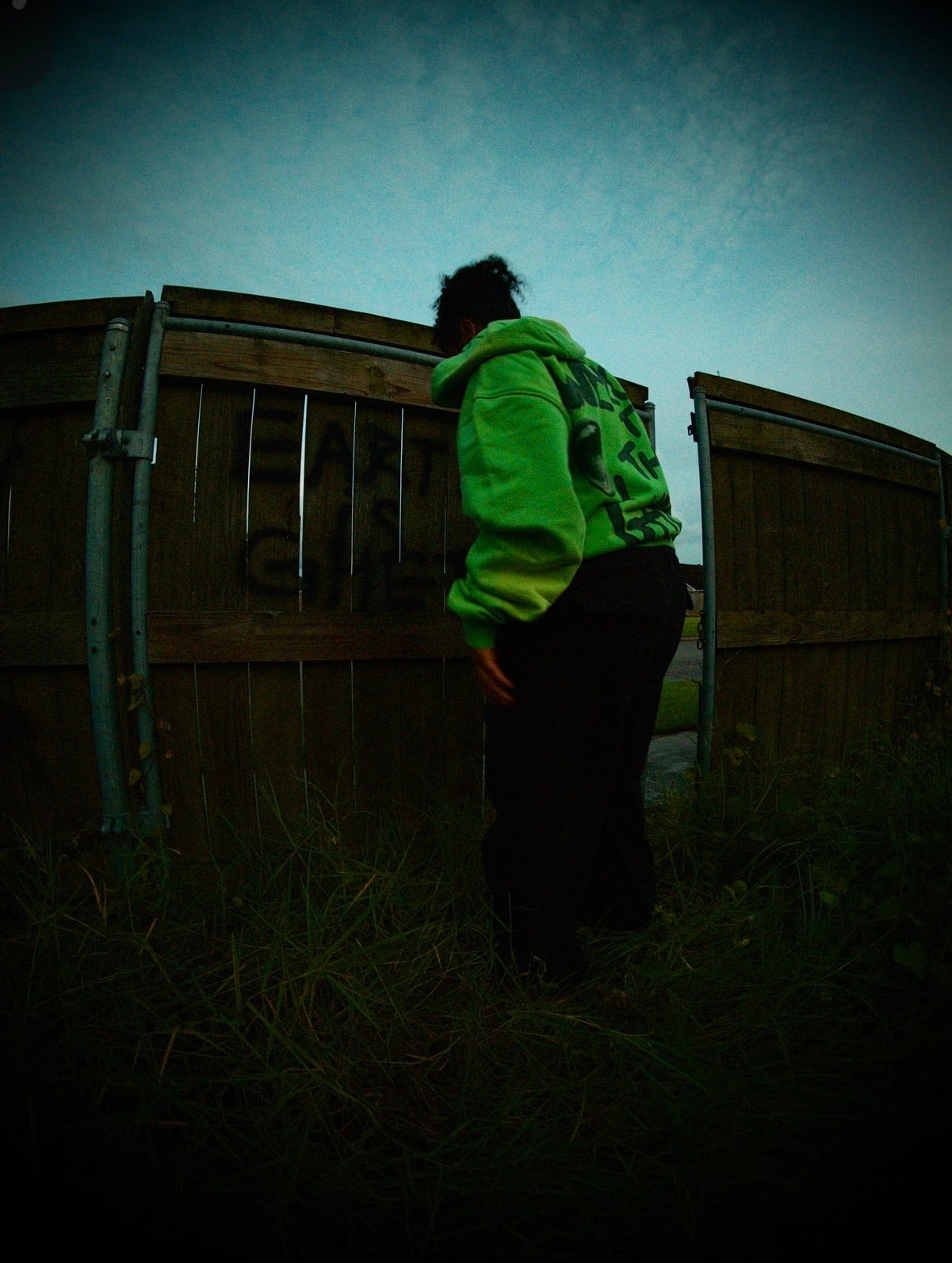 Campaign imagery: back view of a person in a neon-green Earth Is Ghetto hoodie outdoors at dusk.